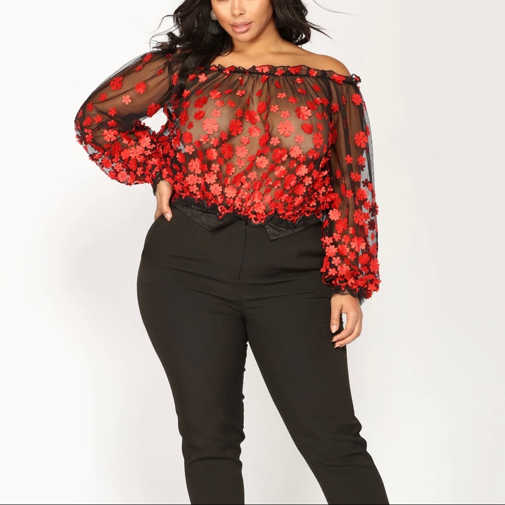 Fashion Nova “Tessa Off-Shoulder Embroidered Mesh”